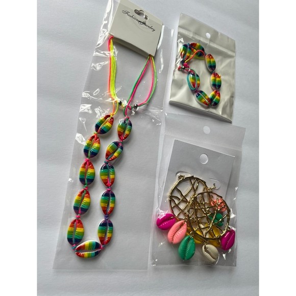 3pc set rainbow puka shell braclet, necklace, & earrings - Picture 2 of 2